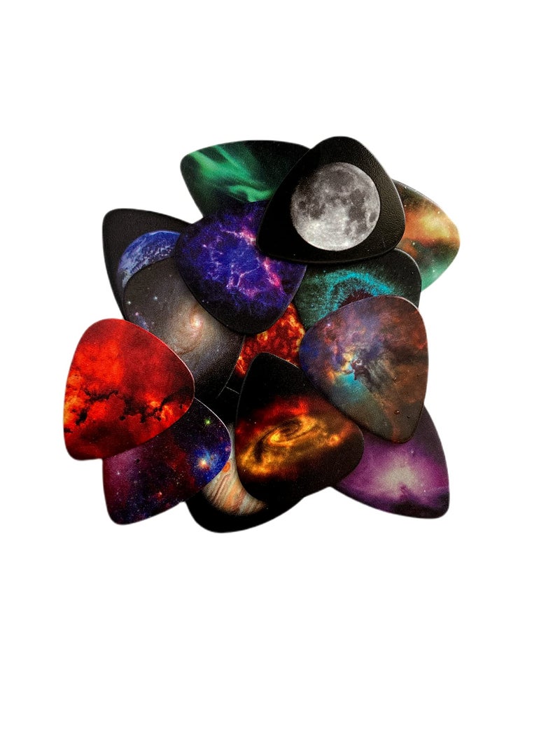 Epic Accessories 14-Pack Space Universe Guitar Picks Medium .71mm Pack of 14 Epic Guitar Picks with BONUS Guitar Pick Holder (will be random color) Leather Guitar Pick Keychain Holder and Tin Carrying Storage Case - Image 5